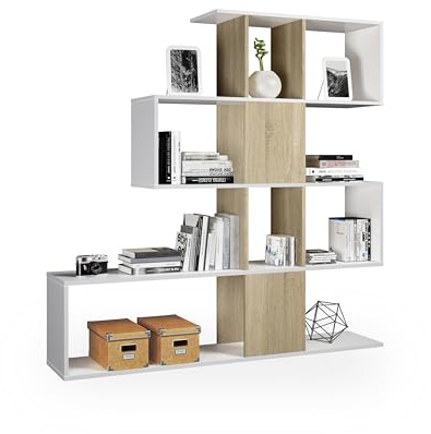 duehome | Estantería Librería, Salón, Comedor o Despacho, Modelo Domi, Acabado en Blanco Artik y Roble Canadian, Medidas: 145 cm (Alto) x 145 cm (Ancho) x 28 cm (Fondo)