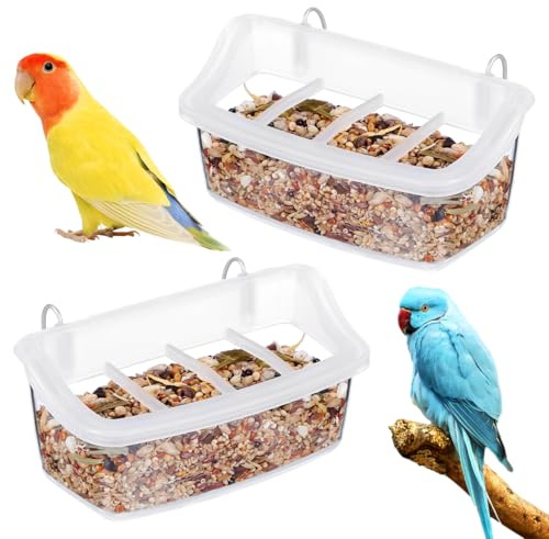 DOITOOL 2 ciotole per cibo a gabbia per uccelli, mangiatoie per pappagalli, in plastica trasparente, da appendere, 4 scomparti, 11,4 x 6,9 x 5,4 cm
