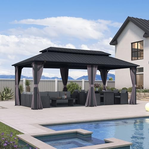 PURPLE LEAF - Cenador de jardín exterior, 6 x 3 m, pabellón de aluminio con doble techo rígido de acero galvanizado, pérgola de jardín con cortinas y mosquitero para fiesta, taller, barbacoa, gris