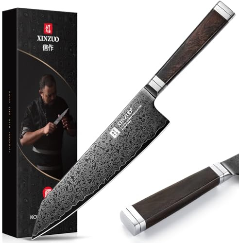XINZUO 21cm Kiritsuke Coltello da Cuoco 67 Strati in Acciaio Damasco -Rivestimento in Titanio Nero -Forgiato a Mano Coltello da Chef da Cucina Nucleo in Acciaio 12Cr18MoV -Manico in Legno di Ebano