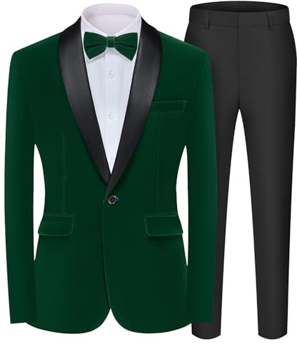 MAGE MALE Men's 2 Piece Velvet Suit Peak Lapel One Button Slim Fit Tuxedo Blazer Party Dinner Jacket & Pants