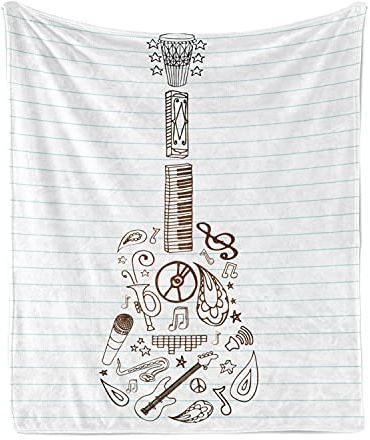 Ambesonne Music Throw Blanket, Instruments Microphone Tambourine Volume Symbol Trumpet Notebook Print, Flannel Fleece Accent Piece Soft Couch Cover for Adults, 50 x 60, White Chocolate
