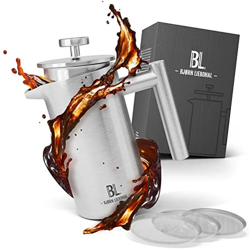Bjørn Liebdhal® Premium French Press aus Edelstahl 1 Liter - 2 Größen - mit Thermoeffekt [Inkl. 3 Ersatzfilter & Anleitung] - Kaffeebereiter spülmaschinenfest - Kaffeepresse für unterwegs
