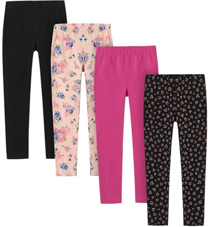 LAPASA Flickor 4-Pack Leggings, Sportleggings Fritidsleggings av Bomull, 3-13 År G11, Svart, Rosa Blommor, Rosa Hjärtan, 9-10 År