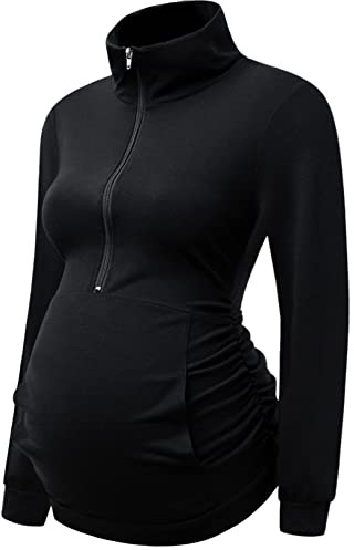 DEBELLY Maternity Long Sleeve Tunic Half Zipper Shirts Lapel Collar Sweatshirt Pregnant Women's Casual Tops with Pocket,Black,M