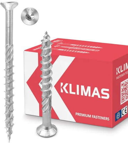 KLIMAS Träskruvar Torx - Spånskiveskruvar Vit - Försänkta Skruvar - Terrassskruvar - Universalskruvar - Skruvsats för Takkonstruktion - Träskruvar 6x60 mm - 100 stycken