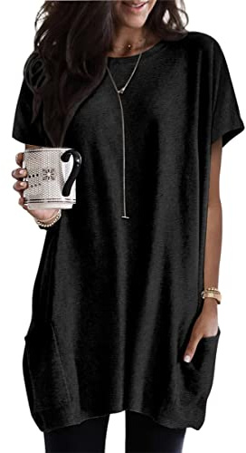 ORANDESIGNE Maglietta Lunga a Maniche Corte Donna T-Shirt Scollo Rotondo Estiva Elegante Camicia Casual Tinta Unita Camicetta Sportivi Moda Top Taglie Grande Blusa Mini Abito A Nero M