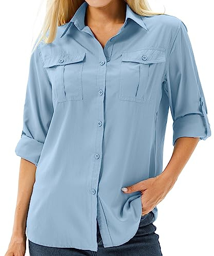 Camicia Blusa da Donna UPF 50+ Maglietta UV Protezione Solare Abbigliamento Safari Blusa da Escursionismo Donna Manica Lunga Traspirante Outdoor Fresca Asciugatura Rapida Top Sportivi, Blu, S