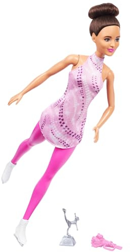 Barbie Carriere - Pattinatrice, bambola castana con outfit rosa da pattinaggio, pattini da ghiaccio rimovibili, trofeo e accessori inclusi, giocattolo per bambini, 3+ anni, HRG37
