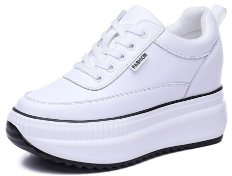 JAOOUU Zapatillas de Cuña Deportivas Mujer Zapatillas de Deporte Moda Plataforma Transpirables Aumento de Estatura Invisible Zapatos Cuña 9CM Blanco 39EU