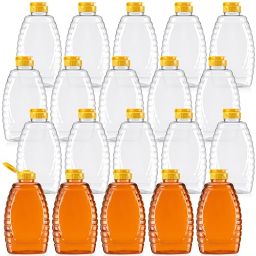 Layhit 20 Pieces 32 oz Plastic Honey Jars Clear Plastic Honey Bottles with Lids Container Dispenser with Flip Lid Empty Squeeze Bottle for Easy Storing and Dispensing(Classic)