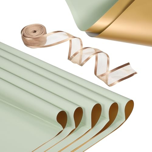 PATIKIL 20 Sheets Flower Wrapping Paper, Waterproof Flower Paper Wraps with Ribbon Floral Bouquet Supplies for DIY Crafts Packaging Bouquet, 22.8x22.8 Inch, Pale Green/Gold Tone