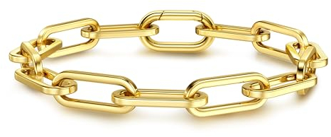 CASSIECA 18K Gold Plated Adjustable Chunky Cuban Paperclip Link Chain Bracelet for Women - Dainty Layering Fashion Jewellery Ladies Gift