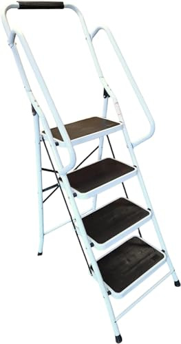 HH Home Hut 4 Step Safety Ladder - Compact Folding Step Stool for Kitchen, Rail Handles Garage Non Slip Large Four-Step Ladder with Fold Away Steps