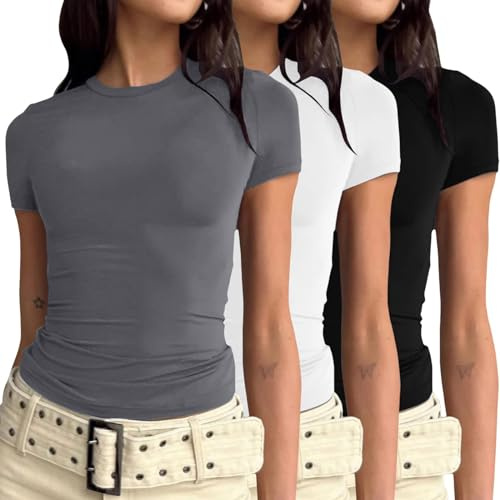 3 Pièces Y2K T-Shirt Haut Court à Manches Longues Ajusté Crop Tops Couleur Unie Basiques Transparent T-Shirt Slim Fit Shirt Sexy Slim Fit Cropped Blouses