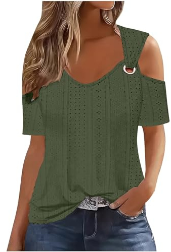 Tops De Verano para Mujer, Camisetas De Manga Corta con Y Hombros Descubiertos, Top Informal Liso con Huecos, Camisetas Básicas 2024 Camiseta Manga Larga Mujer Camiseta Mujer