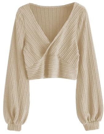 ZAFUL Women's Pullover Ribbed Cropped Sweaters Cable Knit Sweater Tops Solid V-Neck Long Sleeve T-Shirt