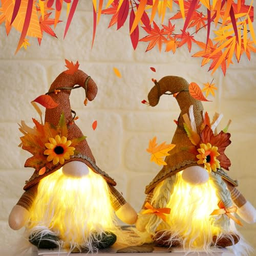 2 Stück Wichtel Figuren Herbstdeko, Herbst Deko Wichtel mit Beleuchtet, Herbst Zwerg Plüsch das Erntedankfest, Thanksgiving (Thanksgiving GNOME)
