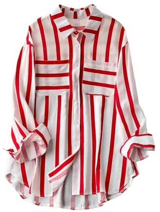 Chemise rayée à manches longues pour femme pour le travail - Rayures verticales - Décontractée - Manches longues - Chemise en coton pour femme - Blanc, Rouge, L