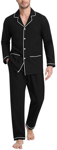 MoFiz Pijamas Largo Hombre Invierno Algodón Conjunto de Pijama con Botones a Cuadros Suave Ropa de Dormir Manga Larga Camisetas de Pijama y Pantalones Bolsillos Noir US 3XL/ EU 4XL
