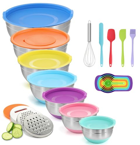 BEWOS Rührschüssel mit Deckel 7-teilig, Edelstahl Rührschüsseln mit Reibe, Nesting Design & Bunte Rutschfeste Böden Rührschüssel, Größen 4.3, 3.8, 3.3, 2, 1.4, 1, 0.7 L zum Mischen&Servieren