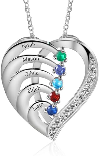 Glooraca Collier en Argent Sterling 925 pour Maman - Collier Personnalisé avec Prénom et Pierres de Naissance pour Maman, Cadeau de Bijou pour La Fête des Mères, Noël ou un Anniversaire