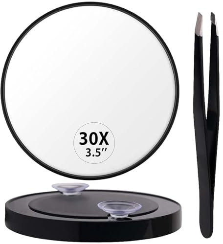 Yongst Small Magnifying Mirror 30X As A Travel Mganifying Compact Mirror With Tweezer And Suction Cup 3.5 Inch For Plucking Eyebrows And Blackheads Facial Detail 1PCS