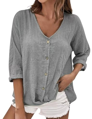 Chemise Blanche Femme Chemisier Élégant pour Femme À Manches Longues en Lin Et Coton Chemise Tops Coupe Ample Haut Été Tshirt Couleur Uni Tee Shirt Lâche 01-Gris L