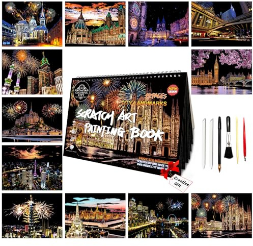 SiYear Lot de 12 feuilles de papier à gratter pour adultes et enfants, série Landmark Building City, scène de nuit, tableau à gratter, cadeau créatif, gravure en aluminium avec 4 outils (A4)