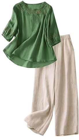 Co Ord Set för kvinnor sommar rund hals 3/4 ärm toppar och hög elastisk midja breda ben byxor linnebyxor passar två delar bomull linne set strandkläder sommar hemkläder set