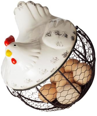 iplusmile White Iron Hen Shaped Egg Basket for Kitchen Storage Multipurpose Snack and Fruit Holder with Side Rings Easy to Clean Rustic Decor Creative Housewarming