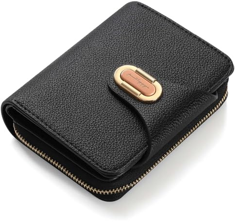 RRANCharltu Porte Monnaie Femme Cuir PU, Portefeuille Femme Petit avec Grand Compartiment à Pièces à Fermeture Éclair, Portefeuilles et Porte-Cartes avec Bouton-Pression Métallique, Noir