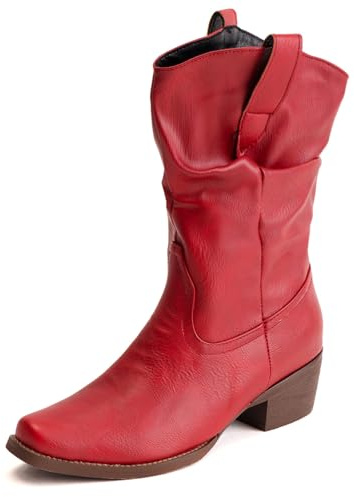 Cowboystövletter dam skrynkliga använd utseende fyrkantig tå blockklack slip västerländsk stil konst