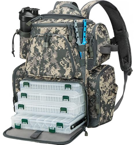 Piscifun Fishing Backpack with 2 Rod Holders & 4 Tackle Boxes, Large Tackle Storage Bag With Rain Cover for Fishing Gear, Digital Camouflage
