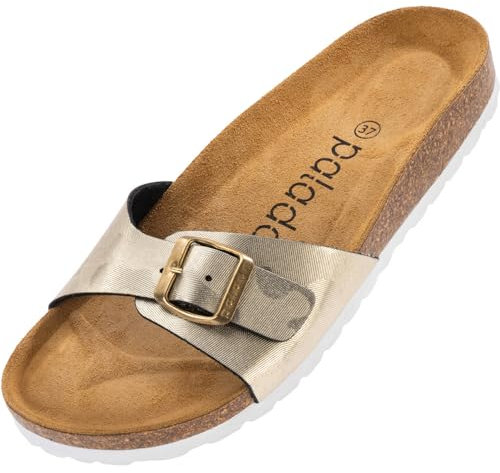 Palado Damen Pantoletten Malta - extra bequeme Sandalen - modische Hausschuhe mit Natur Kork - Made in EU - Sandaletten mit Sohle aus feinstem natur Leder Metallic Caro Gold 39 EU