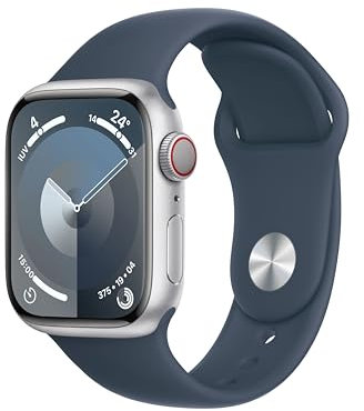 Apple Watch Series 9 [GPS + Cellular] Smartwatch con Caja de Aluminio en Plata de 41 mm y Correa Deportiva Azul tempestad - Talla S/M. Monitor de entreno, App Oxígeno en Sangre, Resistencia al Agua