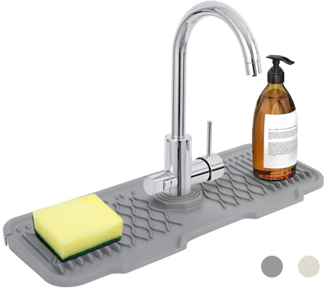 Minicoco Silicone Sink Faucet Mat Kitchen Sink Splash Guard Faucet Handle Drip Catcher Tray Faucet Draining Pad for Kitchen Sink Catcher Mat for Kitchen & Bathroom Countertop Protect,(Grey)
