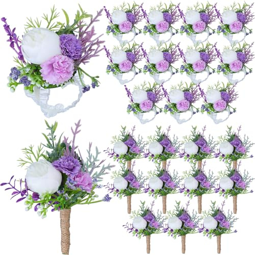 Glitinsel 24 Pcs Wedding Corsage and Boutonniere Set Artificial Rose Wedding Corsage Wristband with Pins for Prom Men Bride Party Accessories Groom Groomsmen Bridesmaids Women (Classic,Purple)