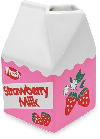 ban.do Vintage Carton Inspired Rise and Shine Decorative Mini Ceramic Vase, Unique Home/Kitchen/Office Accent, Strawberry Milk