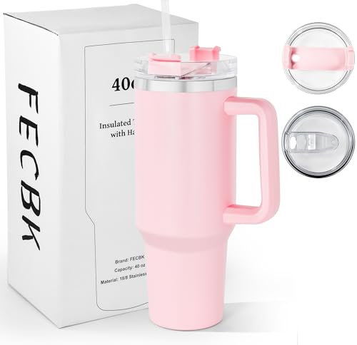 FECBK 1,2L Kaffeebecher to Go Thermobecher Doppelwandig Edelstahl Vakuumisoliert Auslaufsicher Trinkbecher mit Deckel und Strohhalm 40 oz Tumbler Cup, Spülmaschinenfest, Hellrosa