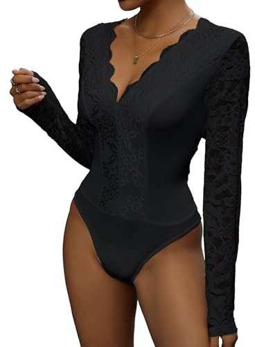 Everbellus Sexy Body in Floreale Pizzo da Donna, Elegante Body a Maniche Lunghe Camicette Top con Scollo a V Profondo Bodysuit Camicie Nero Medium