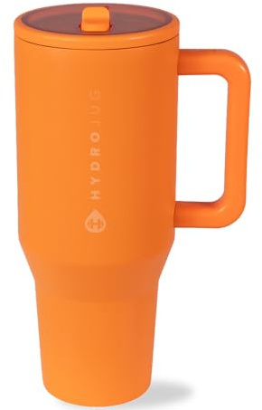 HydroJug Traveler - 32 oz Water Bottle with Handle & Flip Straw - Fits in Cup Holder, Leak Resistant Tumbler-Reusable Insulated Stainless Steel & Rubber Base - Gifts for Women & Men, Tangerine