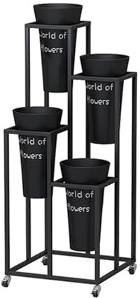 Portafiori da Esterno con 4 Secchi for Addio Al Nubilato, Baby Shower, Feste Di Campagna, Carrello for Fiori Robusto con Ruote for Fiorista, Scaffale for Bouquet, for Patio, Giardino, Soggiorno(Black+