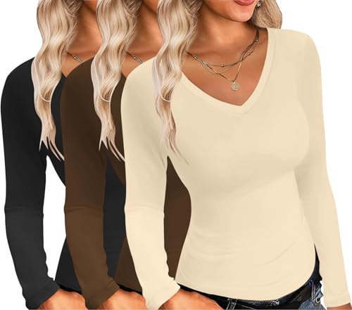 Ekouaer Womens 3 Pack Long Sleeve Shirts Sexy V Neck Tee Slim fit Tops Stretch Fitted Thermal Undershirt Layer Black + Brown + Beige S