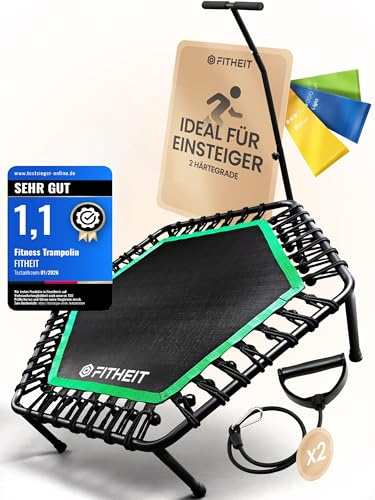 Fitness Trampolin Indoor Erwachsene | Jumping Trampolin Fitness | Ø120cm Minitrampolin für Erwachsene bis 150 kg | Rebounder Trampoline - inkl. 2 Härtegrade, Haltegriff & 5 Widerstandsbändern