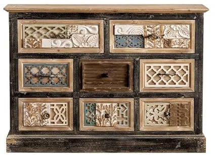 interoknack American Vintage Distressed Wood Apothecary Cabinet, 8-Drawer Wabi-Sabi Style Storage Chest with Hand-Carved Decorative Fronts, Rustic Entryway Console