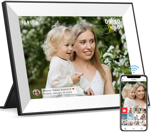 Frameo WiFi digital bildram 10,1 tum, IPS HD-pekskärm smart elektronisk fotoram, automatiskt rotera bildspel, ladda foton från telefon via app, digitala bildramar present till familjen