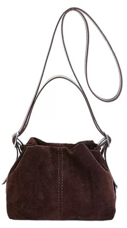 Women Vintage Suede Handbag Small Tote Bag Drawstring Bucket Bag Faux Suede Crossbody Bag Everyday Shoulder Bag Winter Purse (Brown)