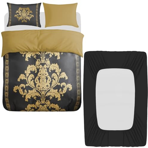 Lazzaro 4 Pcs Super King Duvet Set with Matching Black Super King Fitted Sheet 40 cm Extra Deep Pocket - Premium Microfibre Reversible Quilt Cover Bedding Set For All Seasons