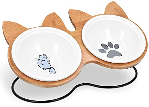 Navaris Lot 2X Bol en Céramique - pour Chat Chiot 33x20x15 cm avec Support en Bambou - Set Gamelle Surélevée avec Socle Design